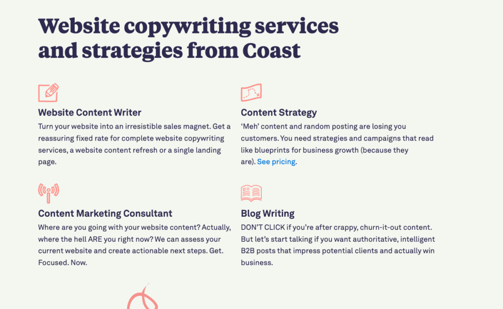 A 4 x grid showing Coast Copywriting's services. An important part of learning how to write a business website homepage is ensuring you clearly describe all services.