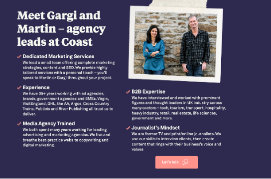 The bio section of the Coast Copywriting website showing a picture of Martin and Gargi and 5 x benefits of working with them.