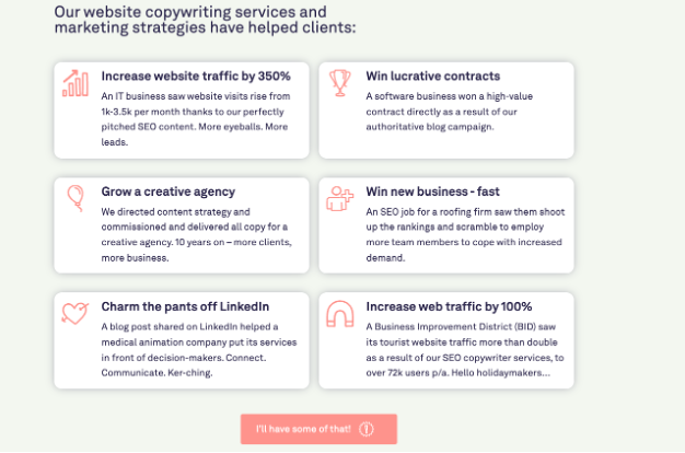 Examples of Coast Copywriting thumbnail case studies on a grid.