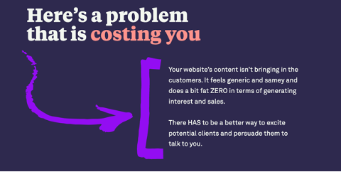 The 'problem' section of the Coast Copywriting website, outlining the client's 'pain'. Addressing challenges is a crucial element in learning how to write a business website homepage.