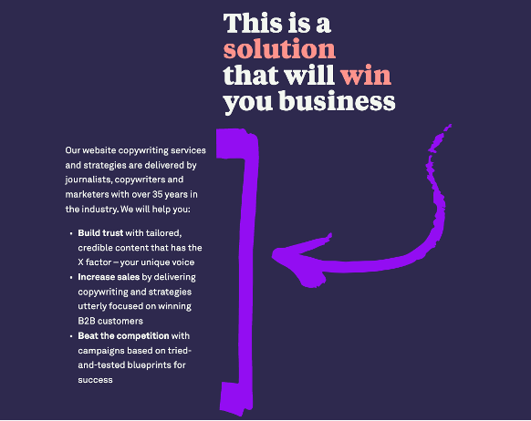 The solution section of the Coast Copywriting website, showing text and a purple chalk arrow highlighting solutions.
