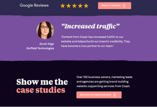 The trust signals section of the Coast Copywriting website, including a link to Google Reviews, a testimonial and a link to case studies.