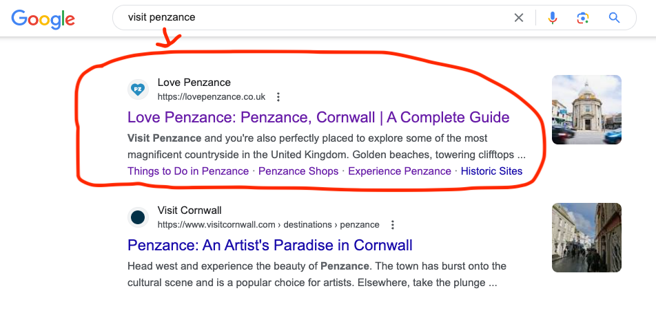 An example of SEO in Cornwall showing a Google SERPS page for the phrase 'visit Penzance' and the website Love Penzance appearing at number one.