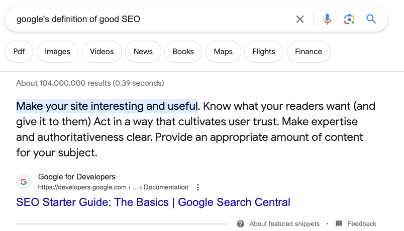 A screengrab of Google definition of good SEO, which can be summarised as 'making your site interesting and useful'.