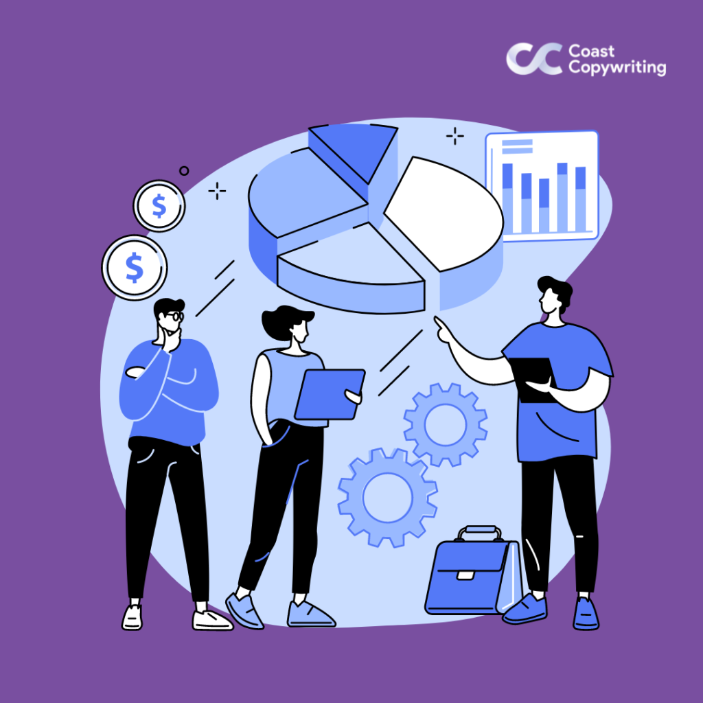 Illustration of a copywriter superimposed over pie charts and data – research to help him deliver SEO copywriting services.