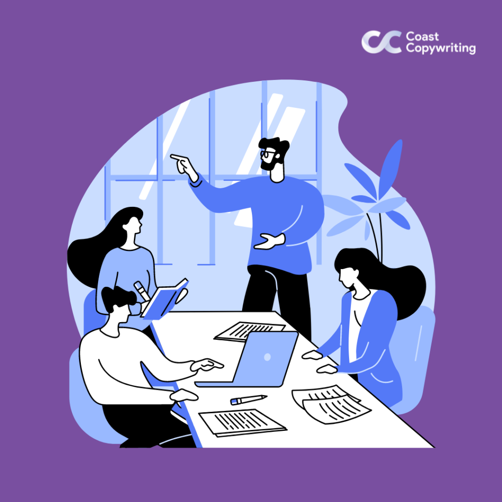 An illustration of a professional copywriter from a content marketing agency pitching to a client.