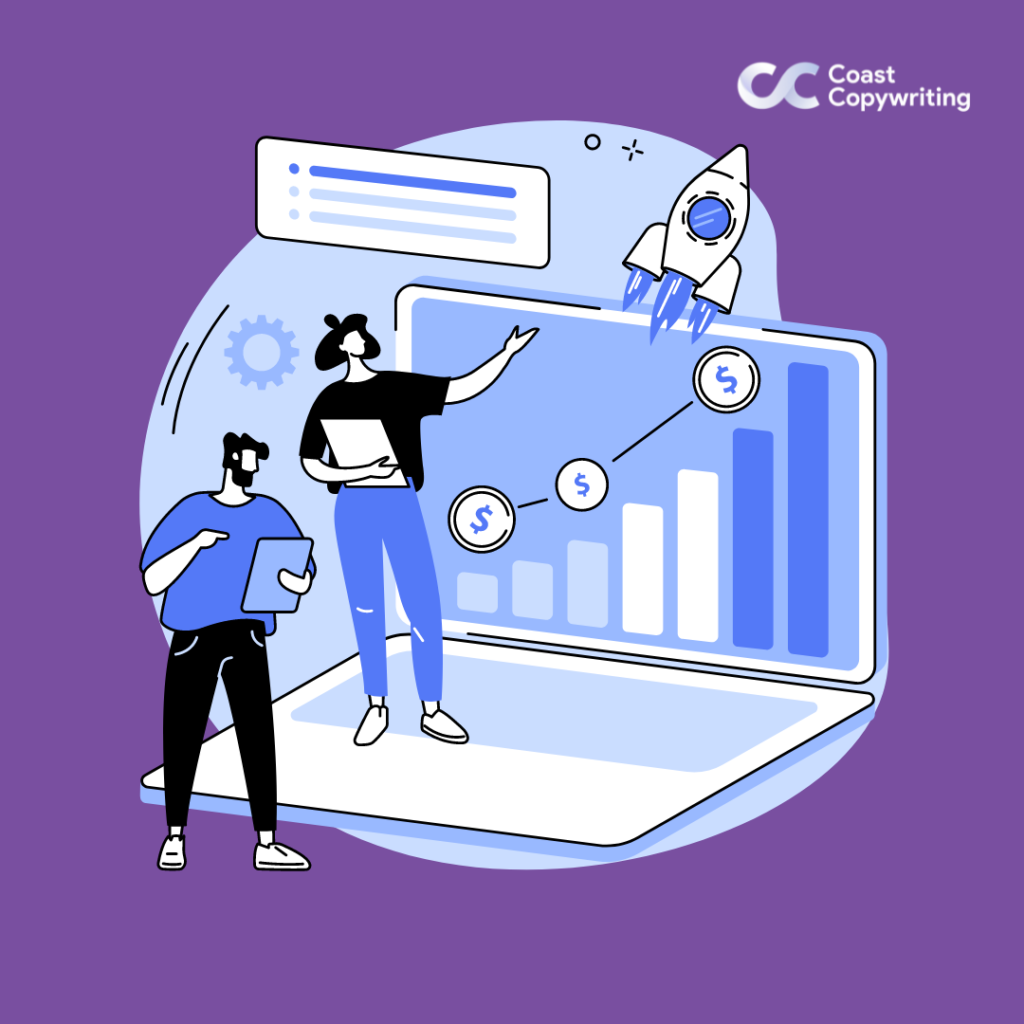 An illustration showing digital copywriters standing on a laptop showing a sales graph rocketing.