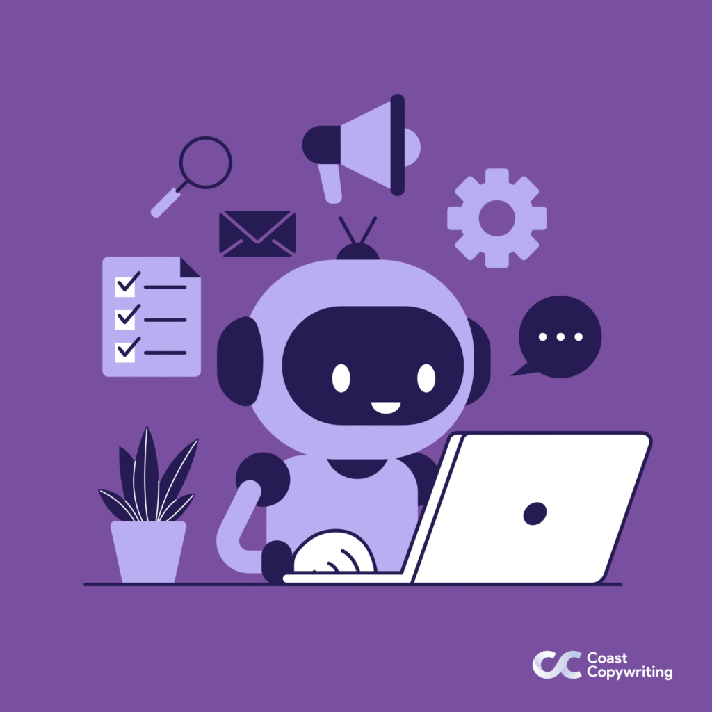 AI in the workplace purple robot working hard with tasks around his head.